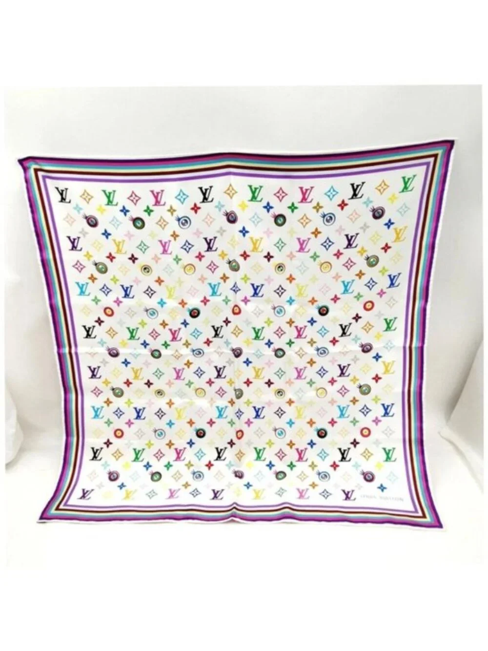 Louis Vuitton Multicolore Monogram Silk Scarf White Rainbow LV Luxury Designer A